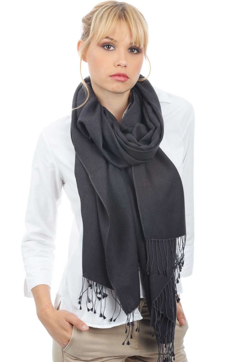 Cashmere & Silk ladies shawls platine carbon 201 cm x 71 cm